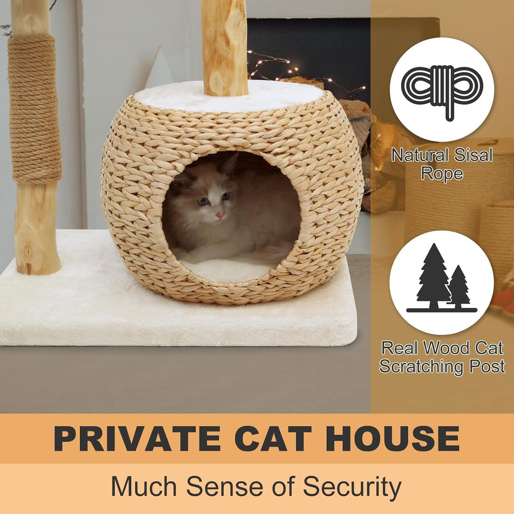 Modern Cat Tree Tower for Indoor Cats, Real Branch Luxury Cat Condo with Scratching Post, Jumping Platforms, Hanging