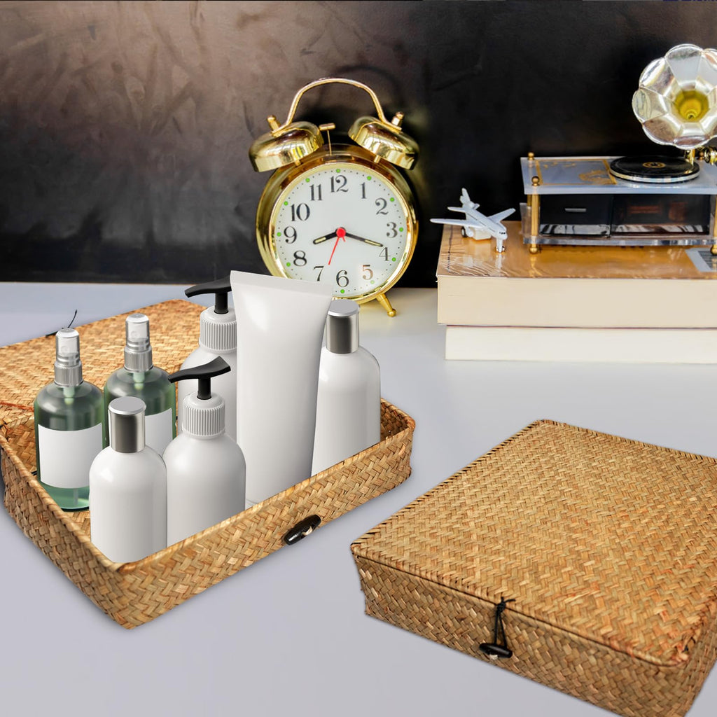 5 Pcs Seagrass Basket with Lid 5 Sizes Decorative Storage Boxes Rattan Wicker Storage Basket with Lids Woven