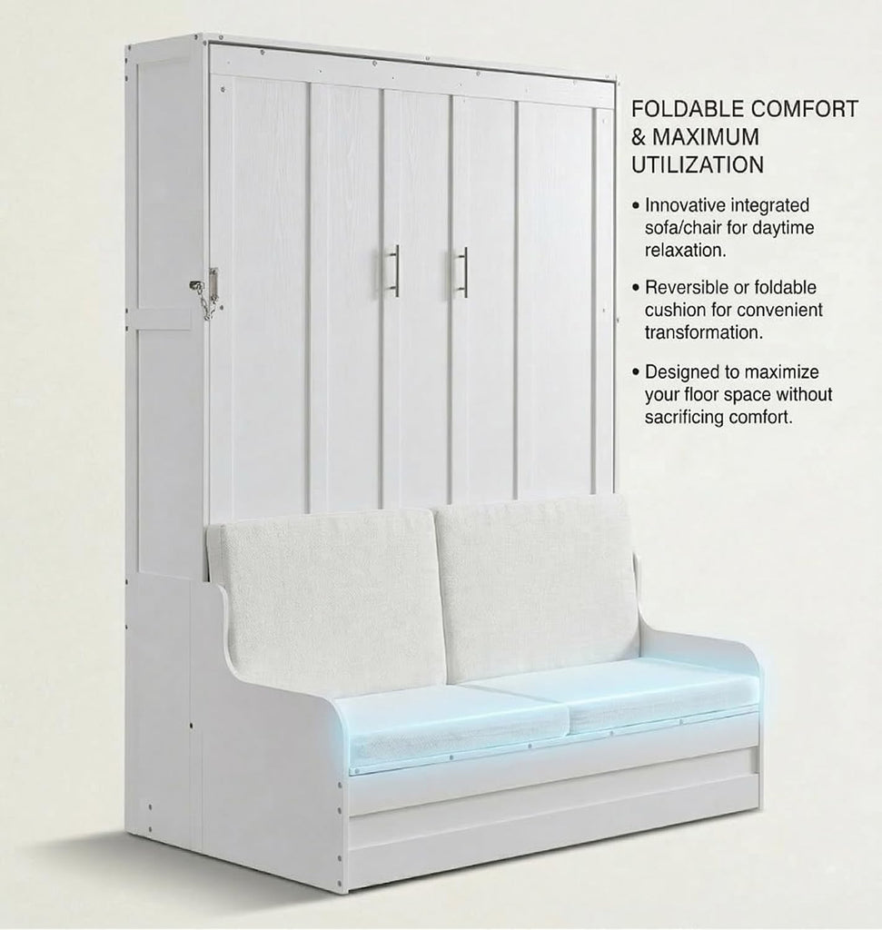 Queen Murphy Bed, Wooden Queen Murphy Bed Wall Bed with Sofa and Cushion, for Home Office or Small Room, White