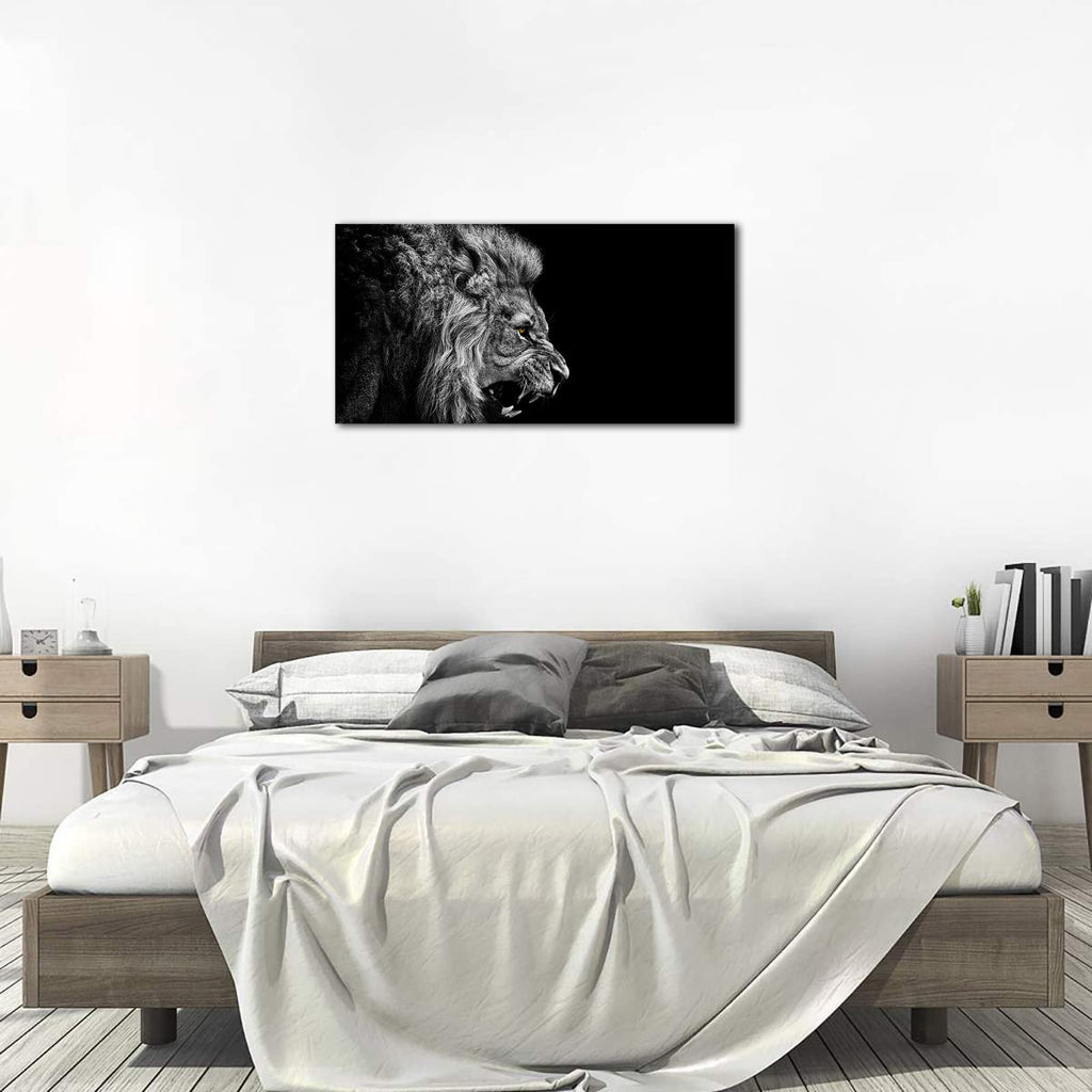 Large Black and White Lion Canvas Wall Art Modern Beast Pictures, 20"x40"
