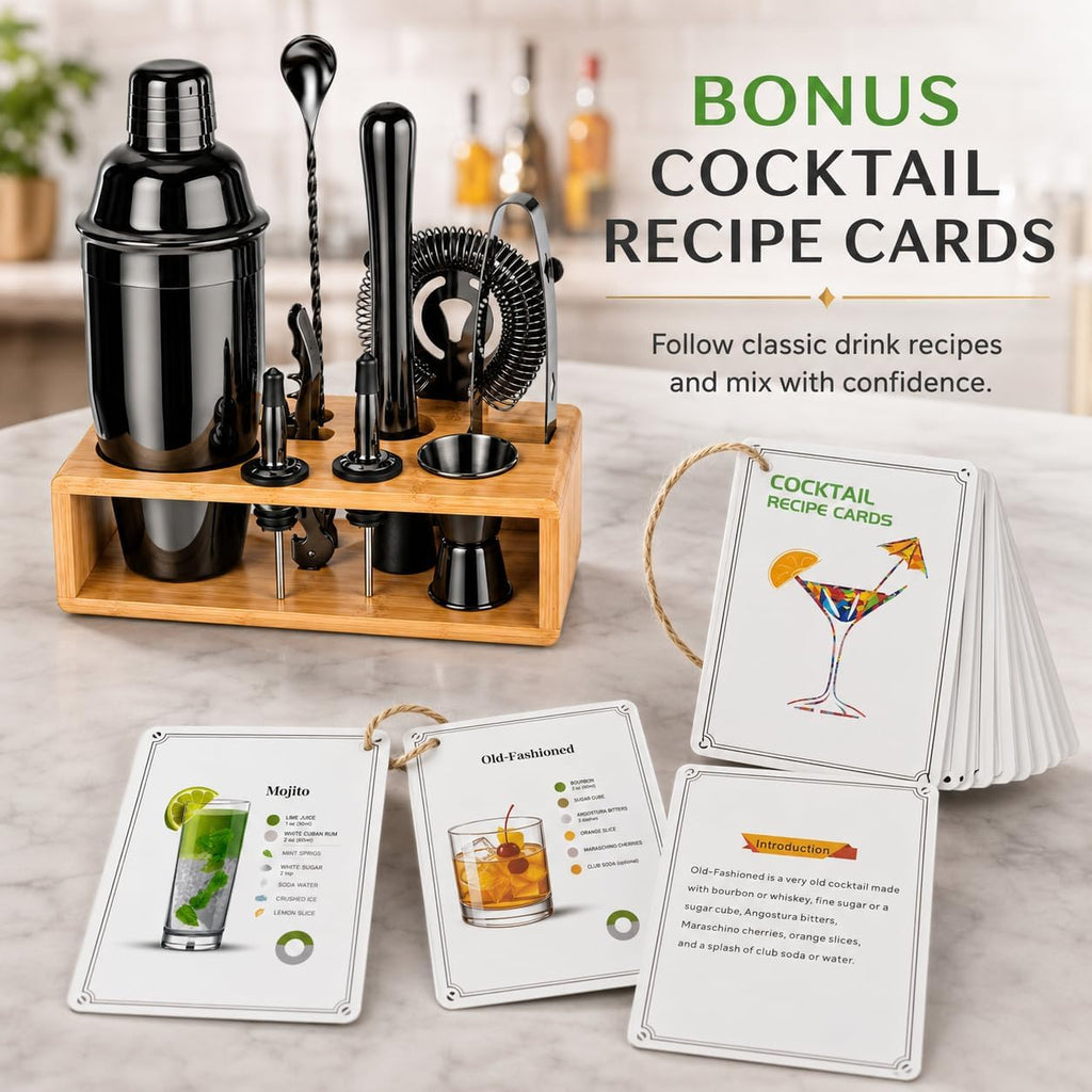 Black Cocktail Shaker Set, Premium 18/8 Stainless Steel Mixology Bartender Kit with Stylish Bamboo Stand 10-Piece Bar