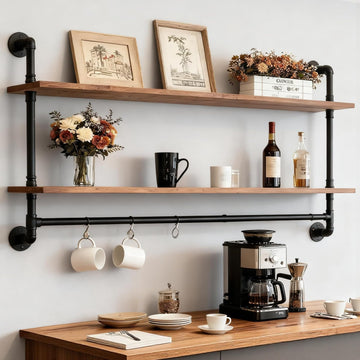 Industrial Pipe Shelving Wall Mounted, Pipe Shelves with Plank(2 Tier 48In)