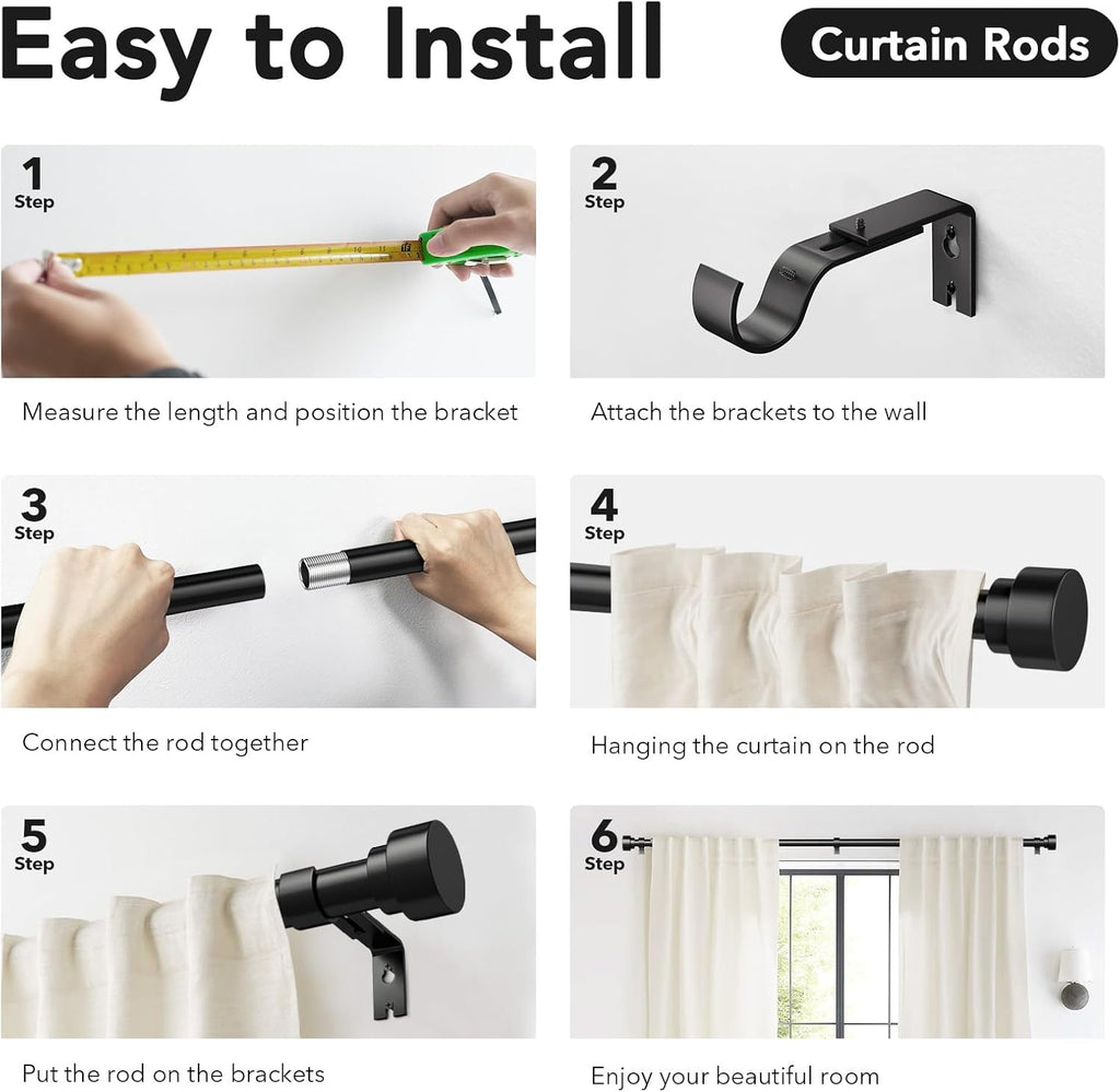 Heavy Duty Curtain Rods for Windows,1 Inch Adjustable Black Curtain Rod with Easy Installation and