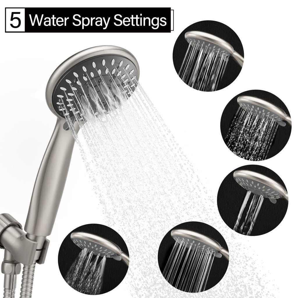 Handheld Shower Head High Pressure 5 Modes with Hose, Brushed Nickel