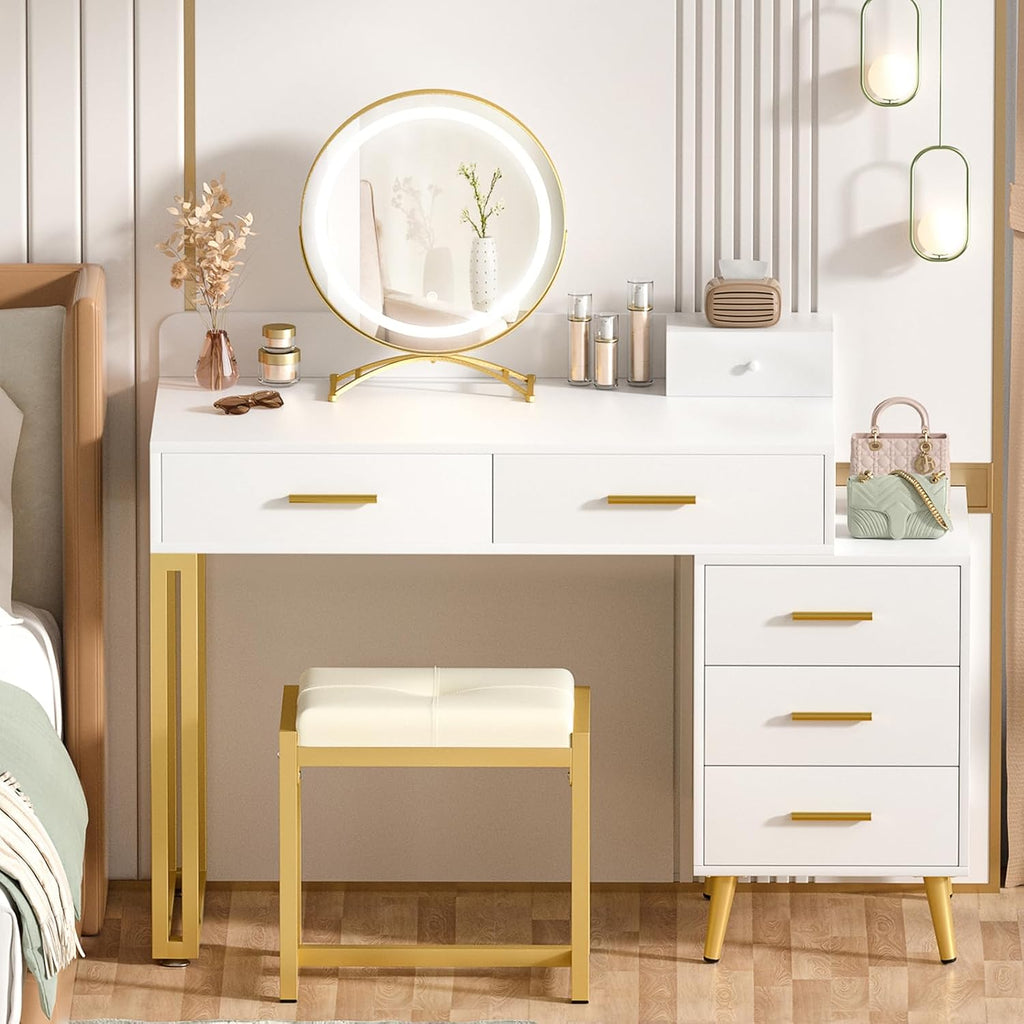 White Vanity Desk with Mirror and Lights, Modern Makeup Vanity Table Set with 6 Storage Drawers and Cushioned Stool