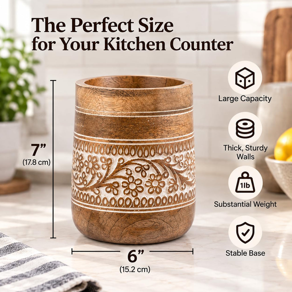 Farmhouse 7'' Large Wooden Utensil Holder, White Floral