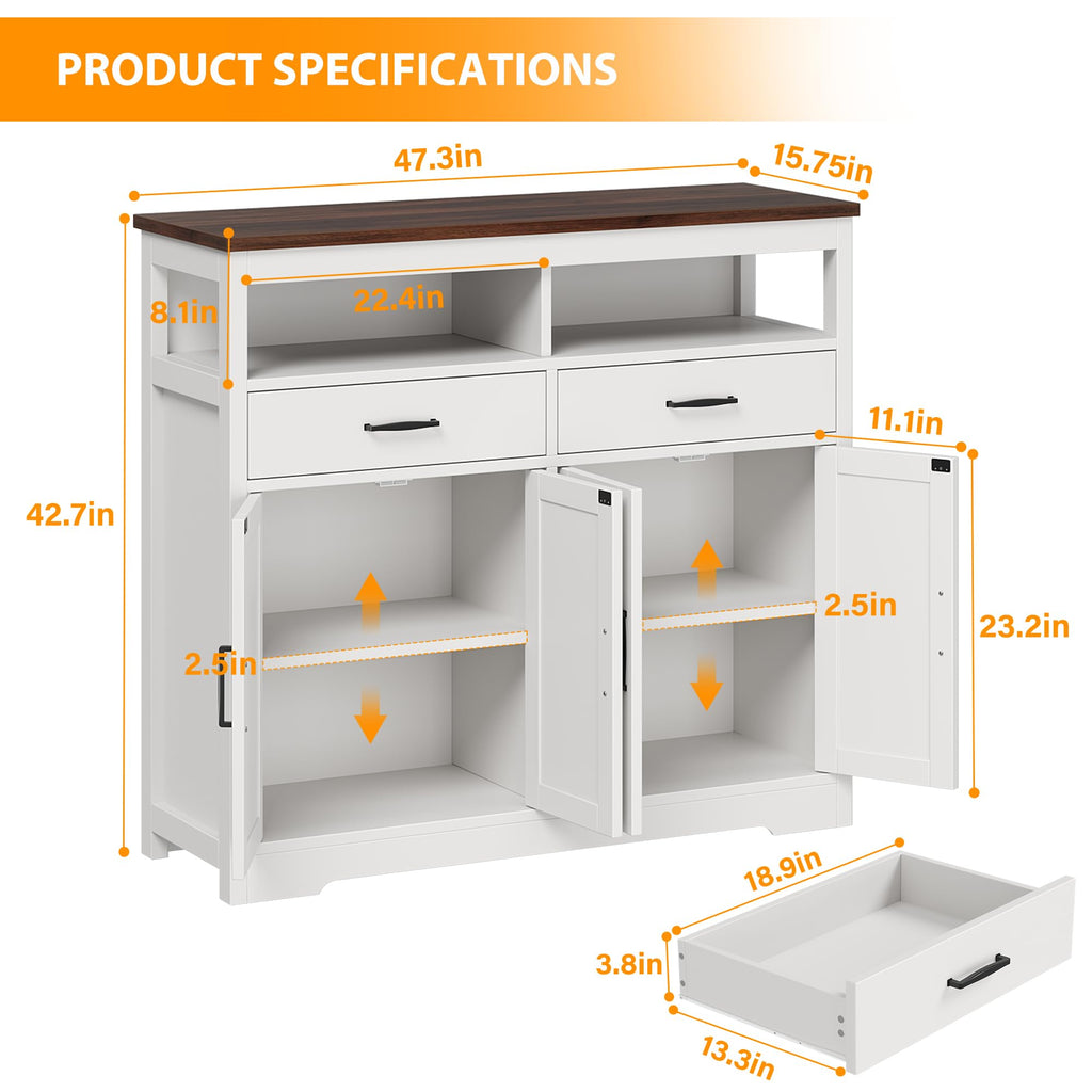 Sideboard Buffet Cabinet with Storage & Shelves, Farmhouse Kitchen Storage Cabinet Wood Coffee Bar Sideboard Cabinet