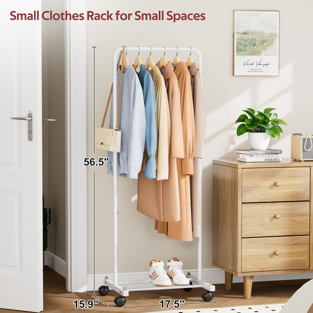 Small Clothing Rack with Wheels, Portable Clothes Racks for Hanging Clothes, 56" Metal Rolling Garment Rack for