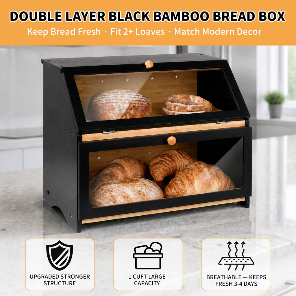Double Layer Wooden, Keep Bread Fresh Longer, Black