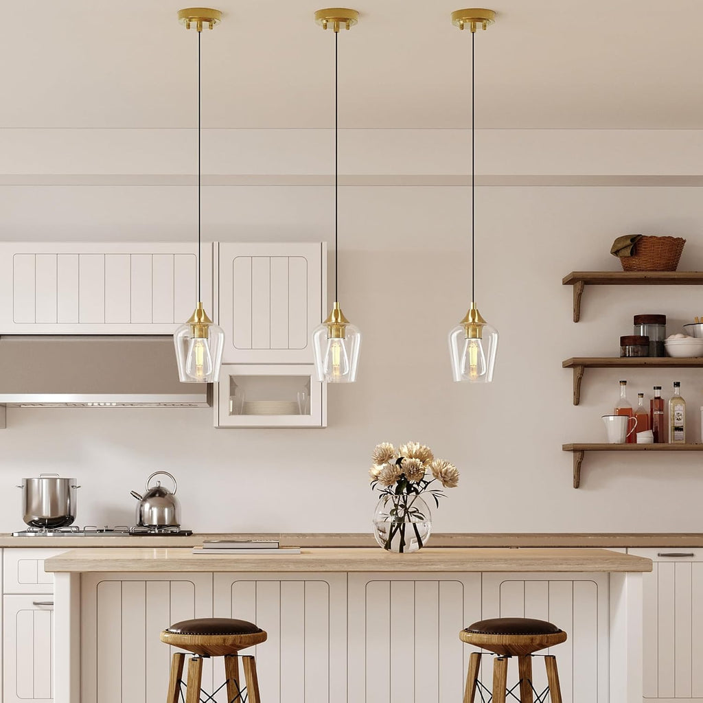 Pendant Lights Kitchen Island, Brushed Gold Pendant Light Fixtures with E26 Base & Adjustable Cable, Modern Pendant