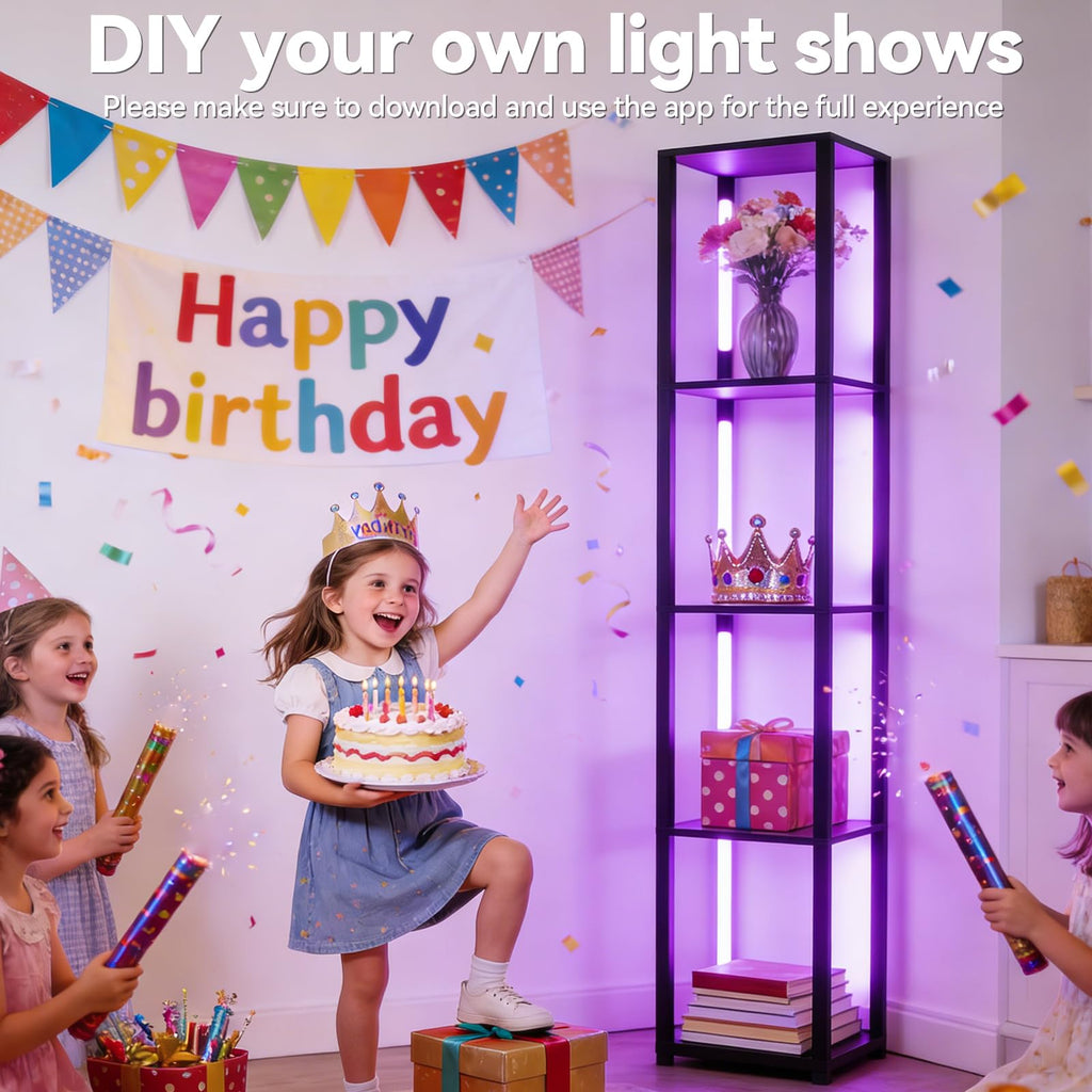 Floor Lamp, LED Smart Modern Floor Lamp with Music Sync, Color Changing Corner Display Shelf Lamp, Square Standing