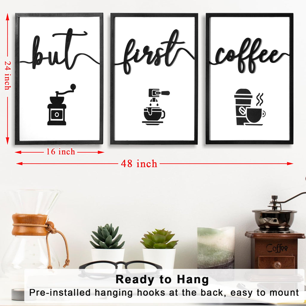 3D Wood But First Coffee Sign, Framed Coffee Bar Wall Decor Wall Art Kitchen Home Office (Ready to Hang, 24x16