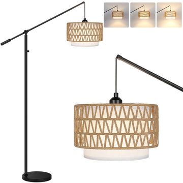 Boho Dimmable Arc Floor Lamp with Adjustable Swing Arm, Dimmer Knob, Black