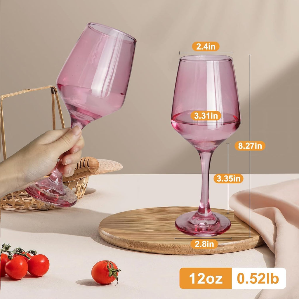 Pink Wine Glasses Set of 6, 12oz Stemmed Glasses, Thick & Colored, Dishwasher Safe Stemware for Red or White, Gift