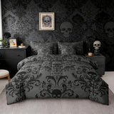 Erosebridal Gothic Damask Bed in a Bag Queen Comforter Set 7 Piece,Sugar Skull Bedding Sets Black Grey Victorian