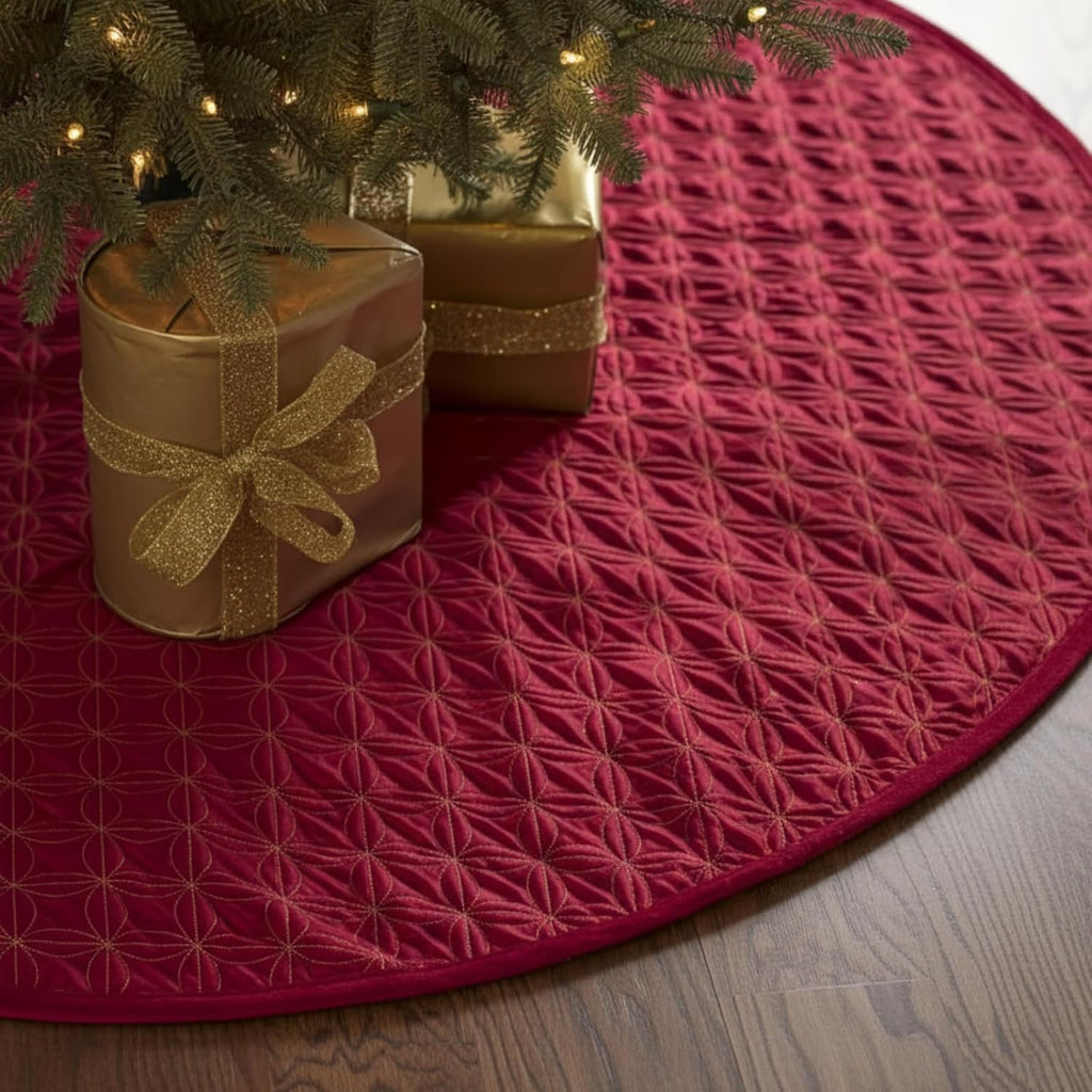 60 Inches Burgundy Quilted Christmas Tree Skirt Classic Reversible Xmas Tree Skirt with Metallic Gold Threading for