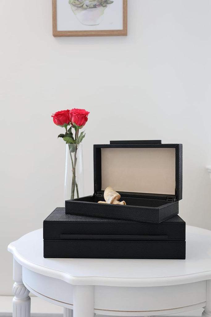 Decorative Boxes With Black Metal Handles,PU Faux Leather Jewelry Boxes Modern Storgage Boxes With Lids - Set of 2