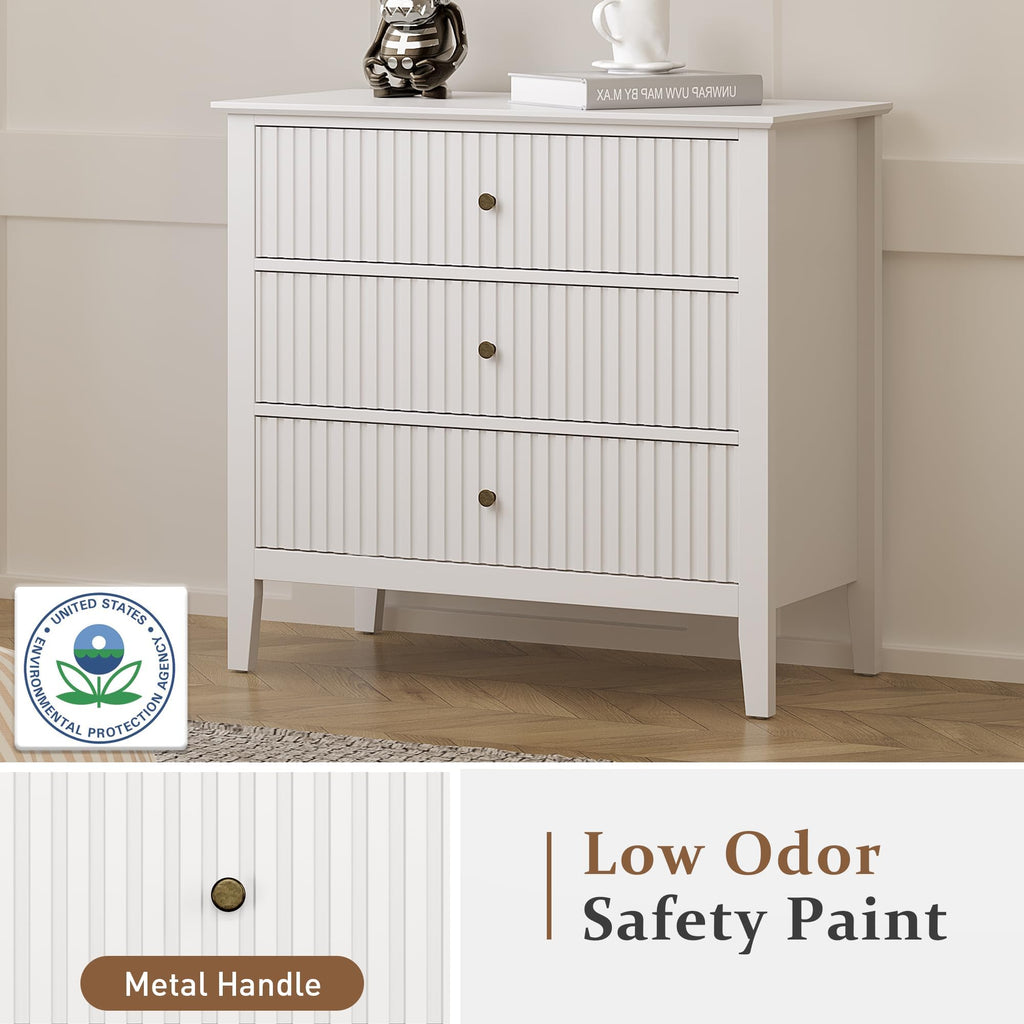 Large Fluted 3 Drawer Dresser, Beige