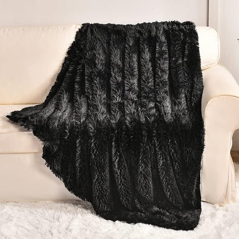 Long Faux Fur Throw Blanket,2 Layers,2.1lb,All Ages,Home Decoration, (Black,50" x 60")