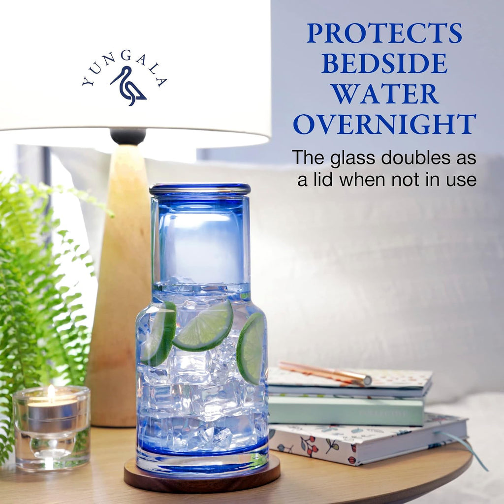 Ombre Blue Bedside Water Carafe and Glass Set, 5 oz Glass Carafe with Matching Glass Lid, Drip-Free Pour Design