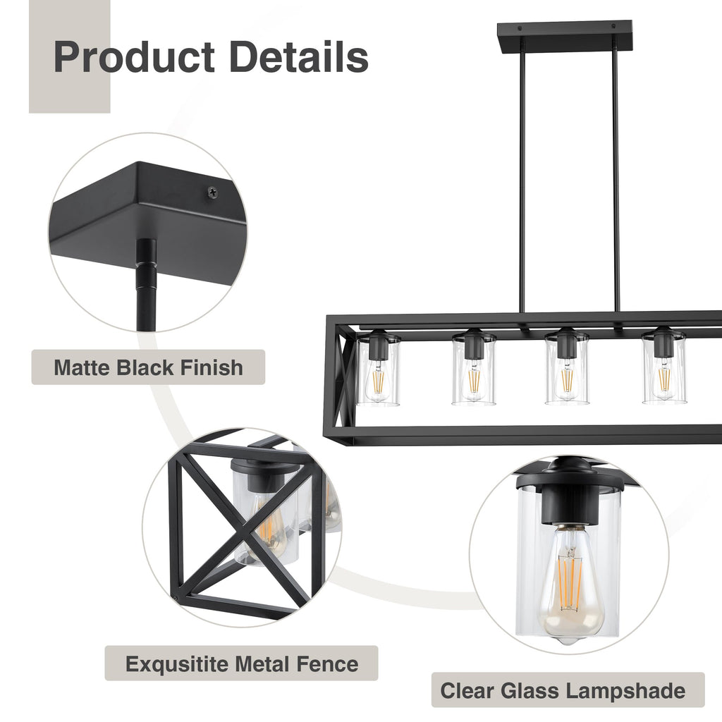 Farmhouse Dining Room Light Fixture - 5 Light Matte Black Rectangle Light Fixture with Adjustable Height & Thickened