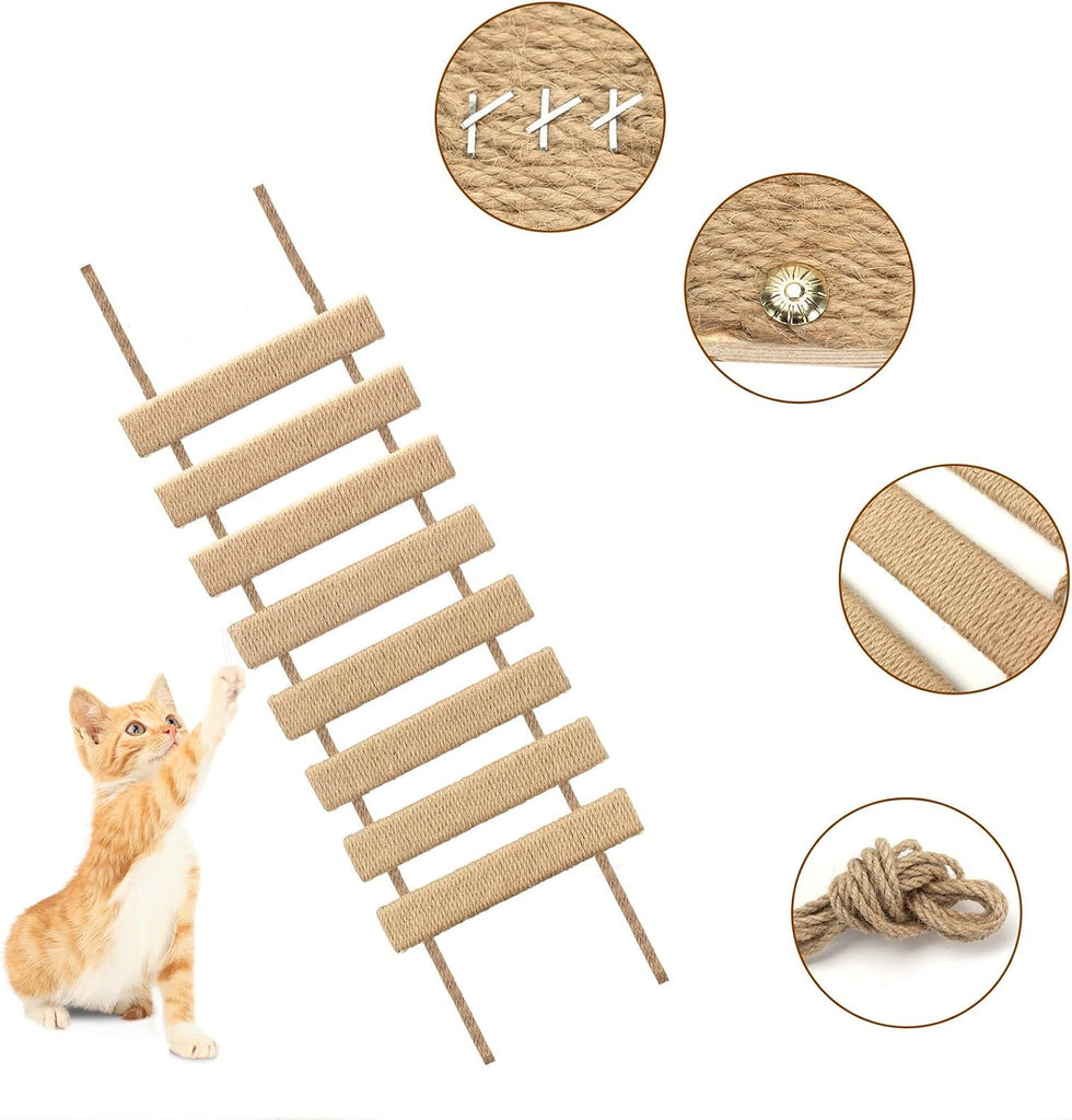 Cat Ladder & Bridge for Indoor Cats - Wooden Cat Wall Furniture with Climbing Rope - Wall Mounted Cat Shelves