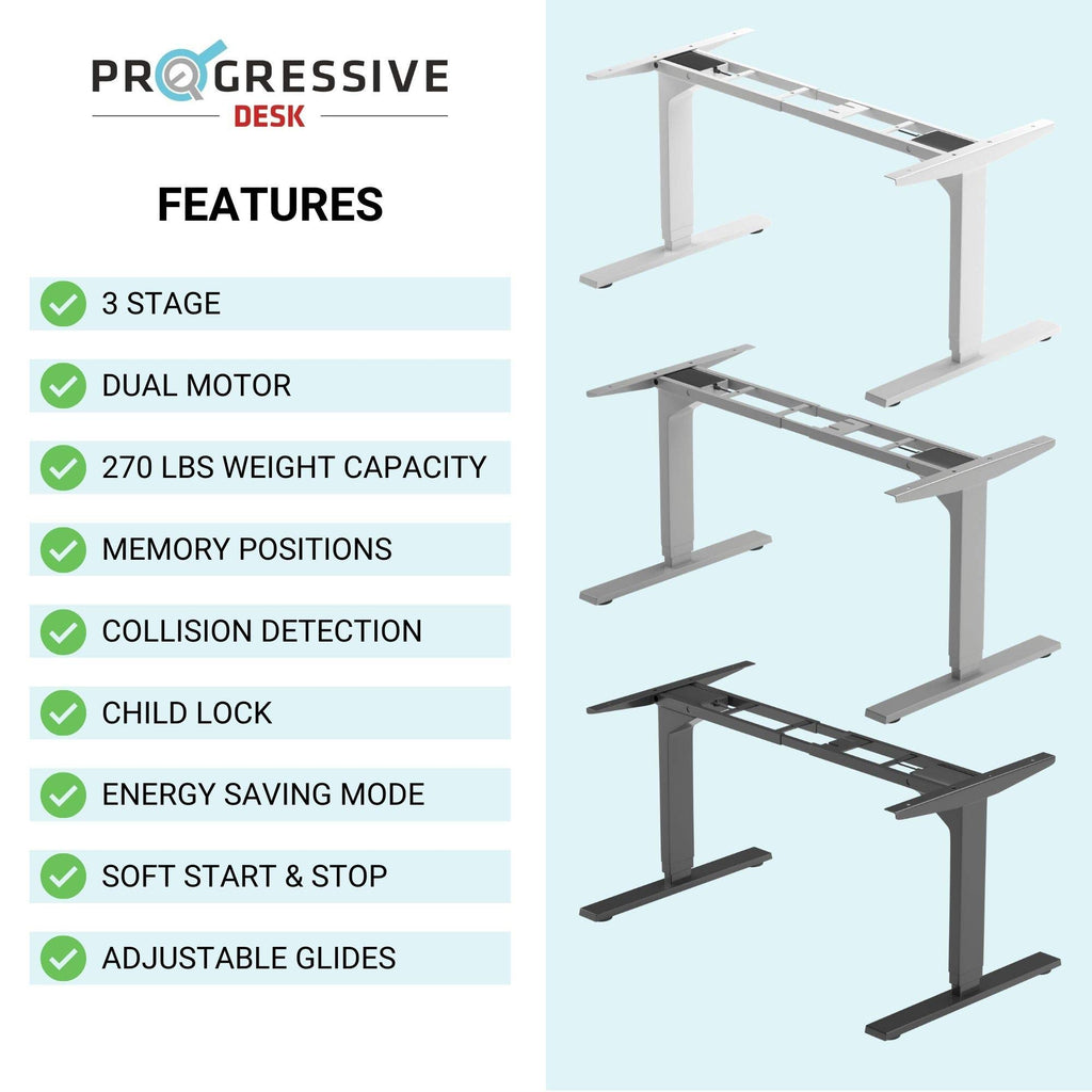 Standing Desk Frame - 3 Stages, Dual Motor, Adjustable Height and Width