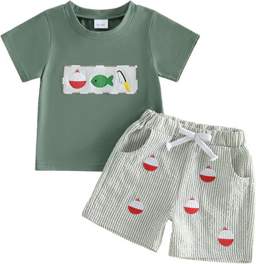 2PCS Summer Outfit Toddler Baby Boy Sailboat/Helicopter/Fish Short Sleeve T-Shirt Plaid Shorts Set