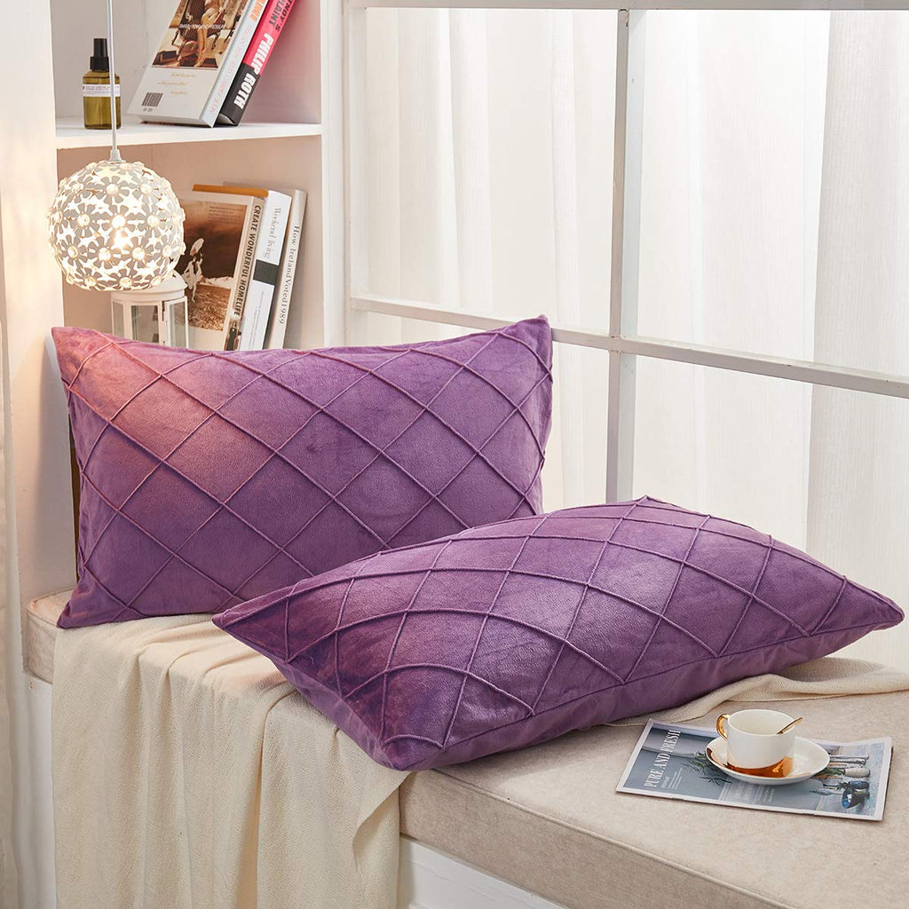 Diamond Pinch Pleated Crystal Velvet Pillowcases 2 Pack Solid Pintuck Throw Cushion Cover Decor Hidden Zipper Closure