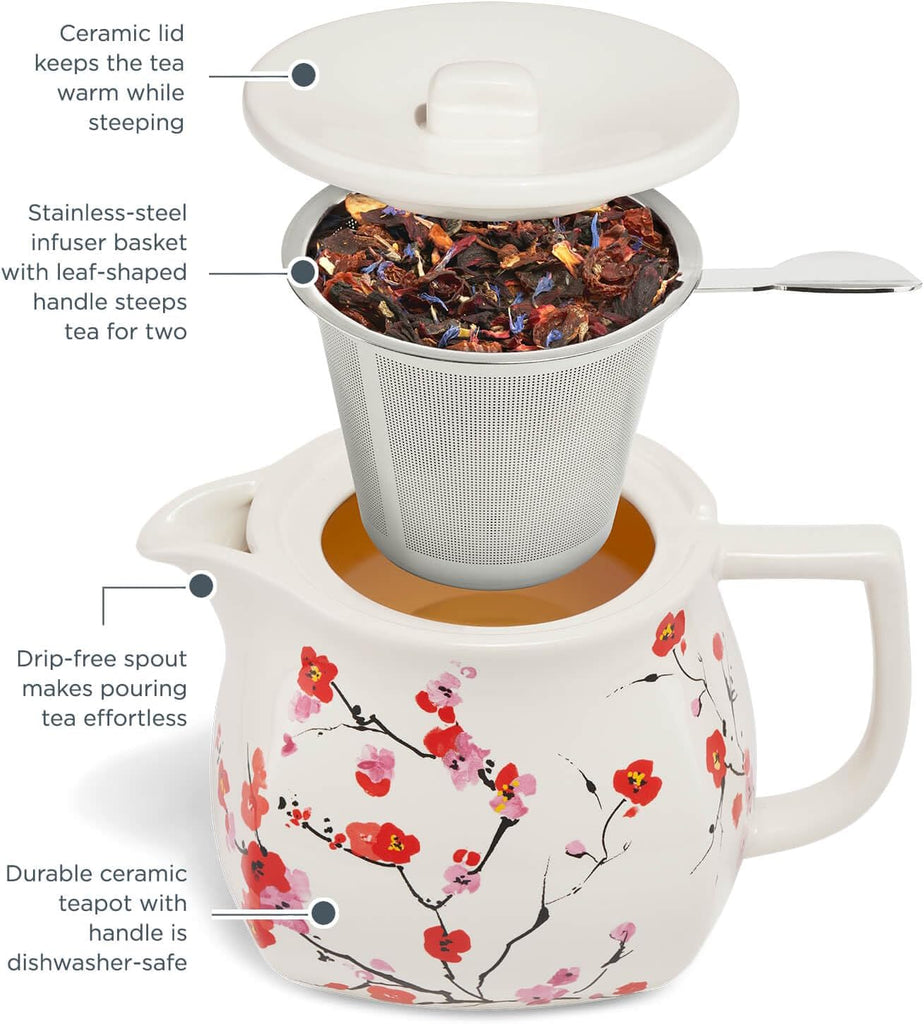 Ceramic Teapot with Infuser, Sakura Cherry Blossom, 24 oz | Floral Patterned Ceramic Teapot & Lid - Stainless Steel