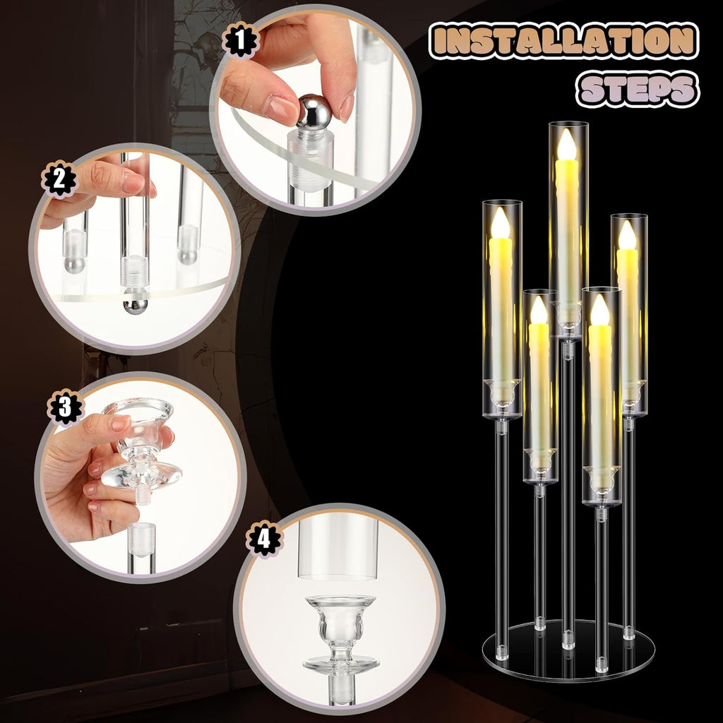 8 Sets 5 Arm Acrylic Candelabra Holder Floor Clear Candle Centerpieces with LED Candles and Shade for Proposal