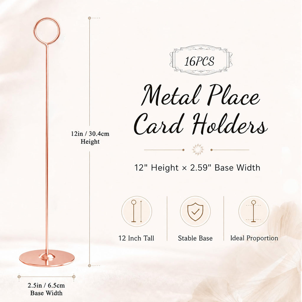 12 Inch Rosegold Steel Place Card Holder, 16 Pack Table Number Holder, Table Card Stand, Table Number Stand for Photos