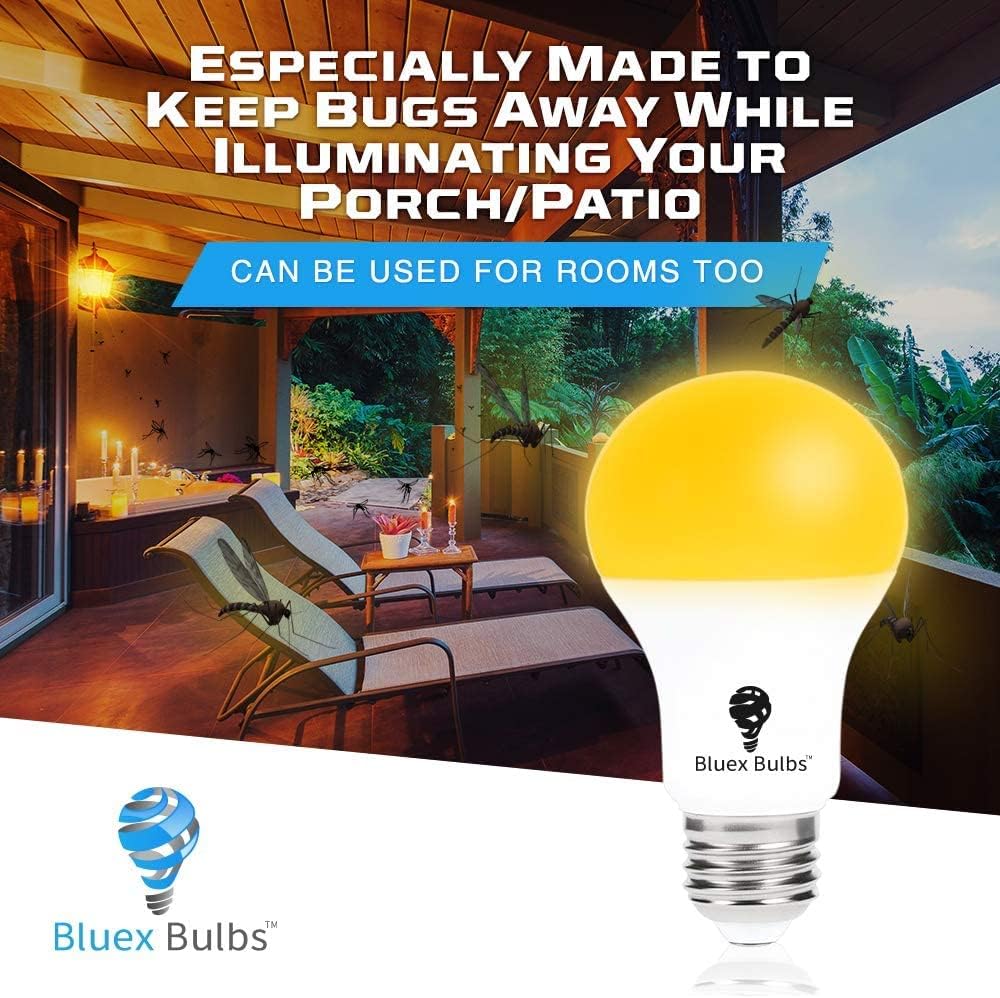 4 Pack LED Dusk to Dawn A19 Bug Light Bulb, Yellow Amber Light With Automatic Sensor, Porch Security Light, Auto