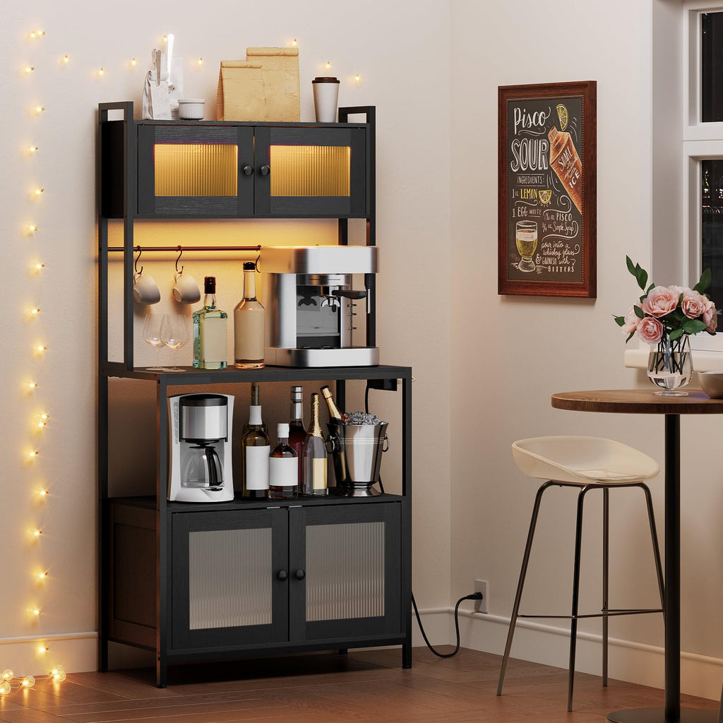 Bakers Rack with Storage Cabinet, 5-Tier Coffee Bar with Power Outlet and LED Lights, Industrial Microwave Oven Stand