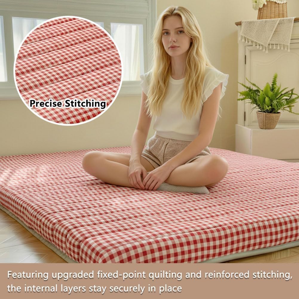 Red Gingham Japanese Floor Mattress, 3.5" Thick High Density Foam Futon Mattress, Foldable Tatami Sleeping Pad, Roll