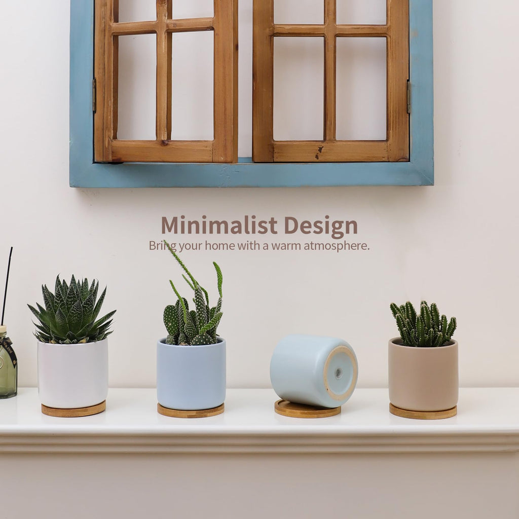 4 Inch Planters with Drainage Hole and Saucer, Small Ceramic Cylinder Plant Pot with Trays for Succulent, Aloe