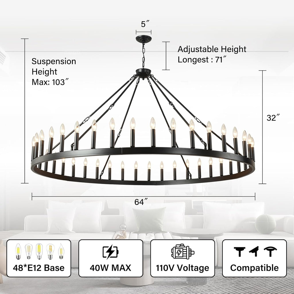 Inspired Camino Style Chandelier - 64 Inch Extra Large Black Wagon Wheel Chandelier 42-Light Farmhouse Wagon Wheel Chandeliers Round Industrial Ceiling Light fixtures for Outdoor Porch high Ceilings Living Dining Room Foyer Entryway A105-B0C5RF3HXN