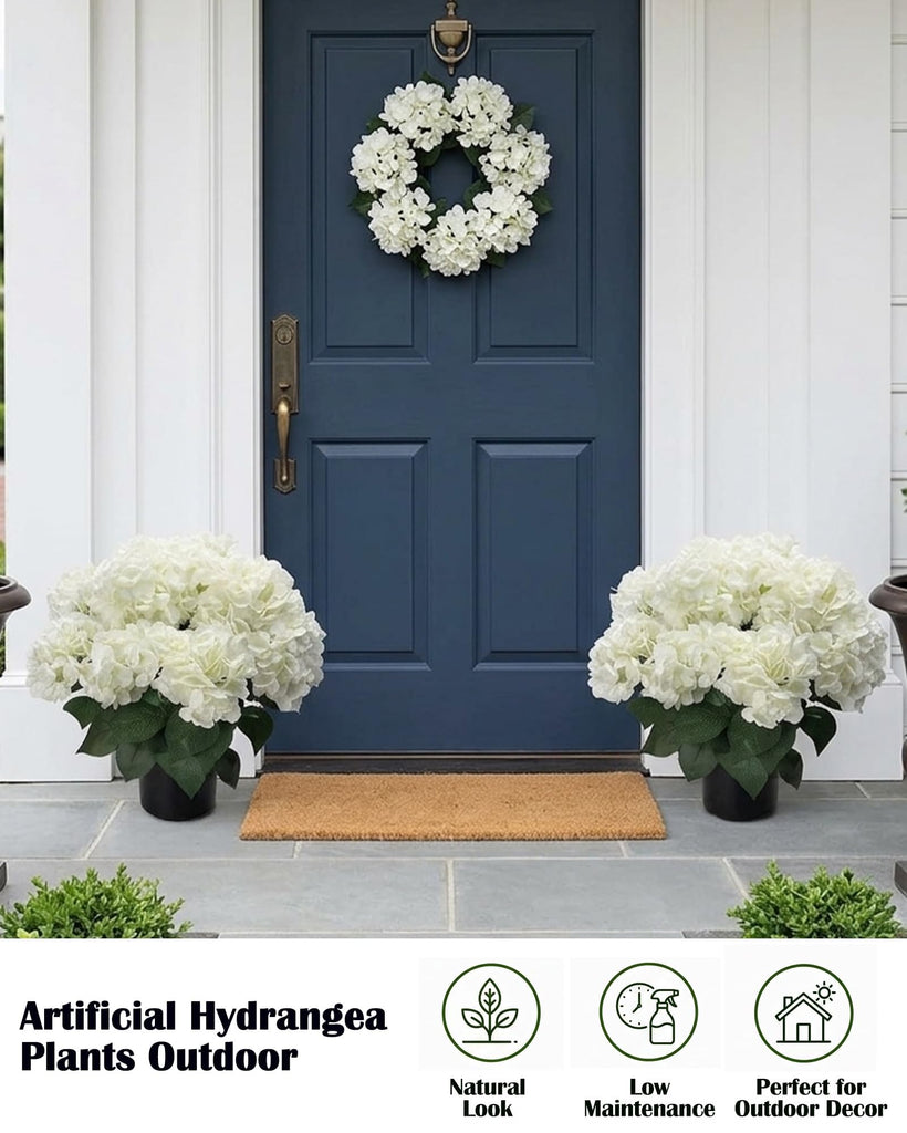 20" Artificial Plants Outdoor in Pots, UV Resistant Faux Bushes for Front Porch, Realistic White Fake Garden Entryway