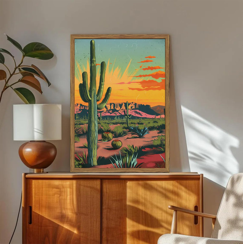 Framed Desert Landscape Wall Art Set of 3, Vintage Mexican Cactus Wall Decor Paintings, Boho Southwestern Mountain
