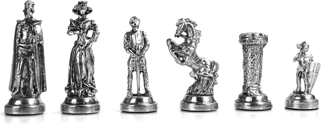 Medieval British Army Antique Copper Metal Chess Set for Adults, Handmade Pieces and Mosaic Design Wooden Chess Board - Set of 32