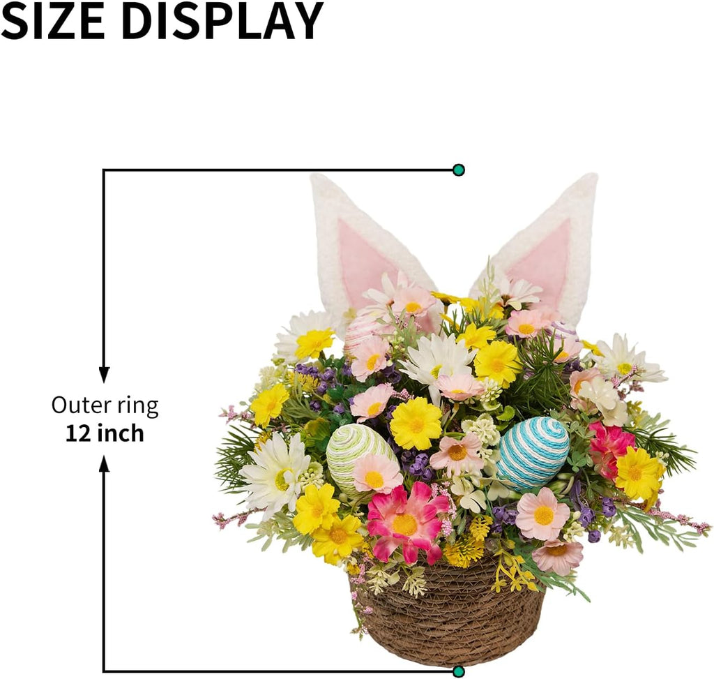 Easter Bunny Basket with Fluffy Bunny Ears - Spring Table Centerpiece with Woven Rattan Eggs & Flowers, Farmhouse