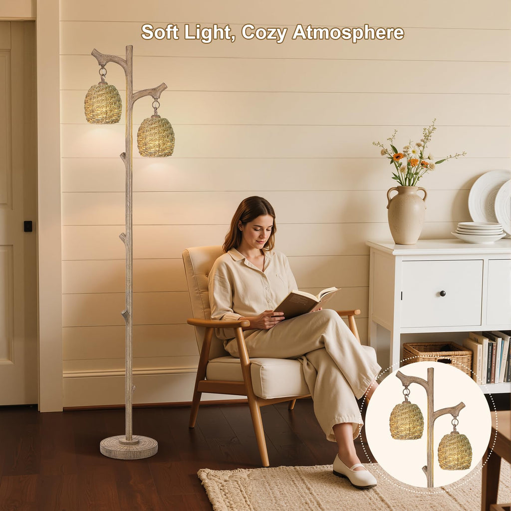 Vintage 68" Tall Resin Floor Lamp with Straw Rope Woven Shade