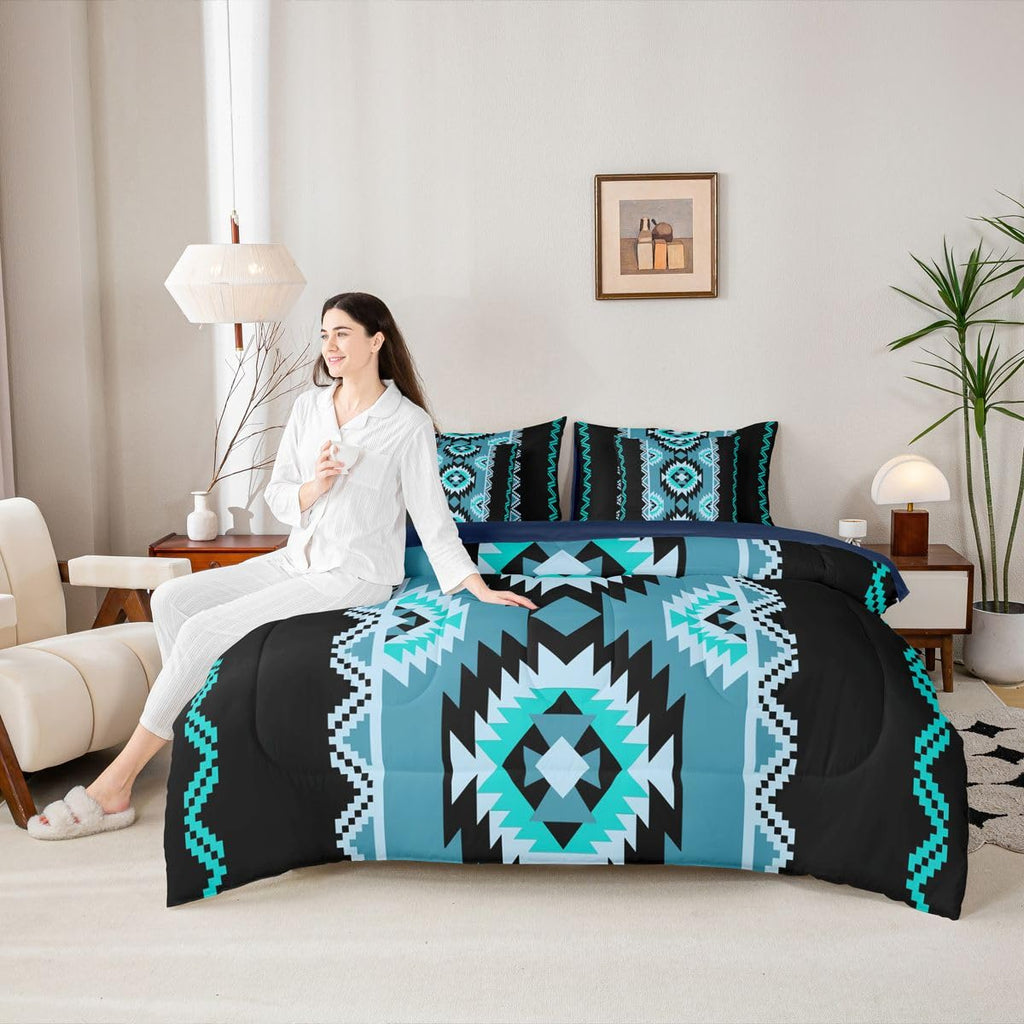 Southwestern Aztec Comforter Set Full Size 7 Pieces Western Tribal Aztec Native American Bedding Set Blue Boho Exotic