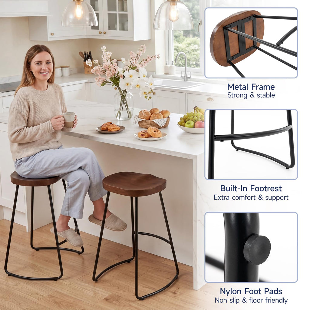 Bar Stools Set of 2, 24'' Counter Height Rustic Wooden Saddle Seat Walnut