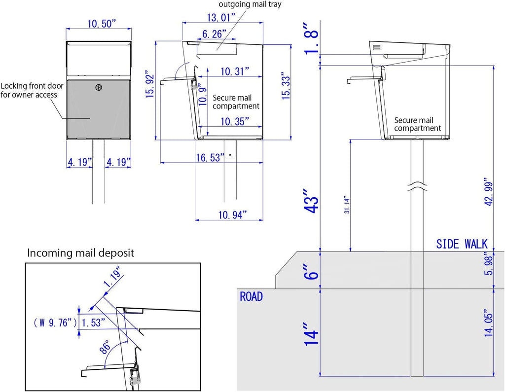 Signal - Stainless Steel Post Mount Modern Design Mailbox with Lock and Key Extra Large Letterbox Rust Proof for Modern