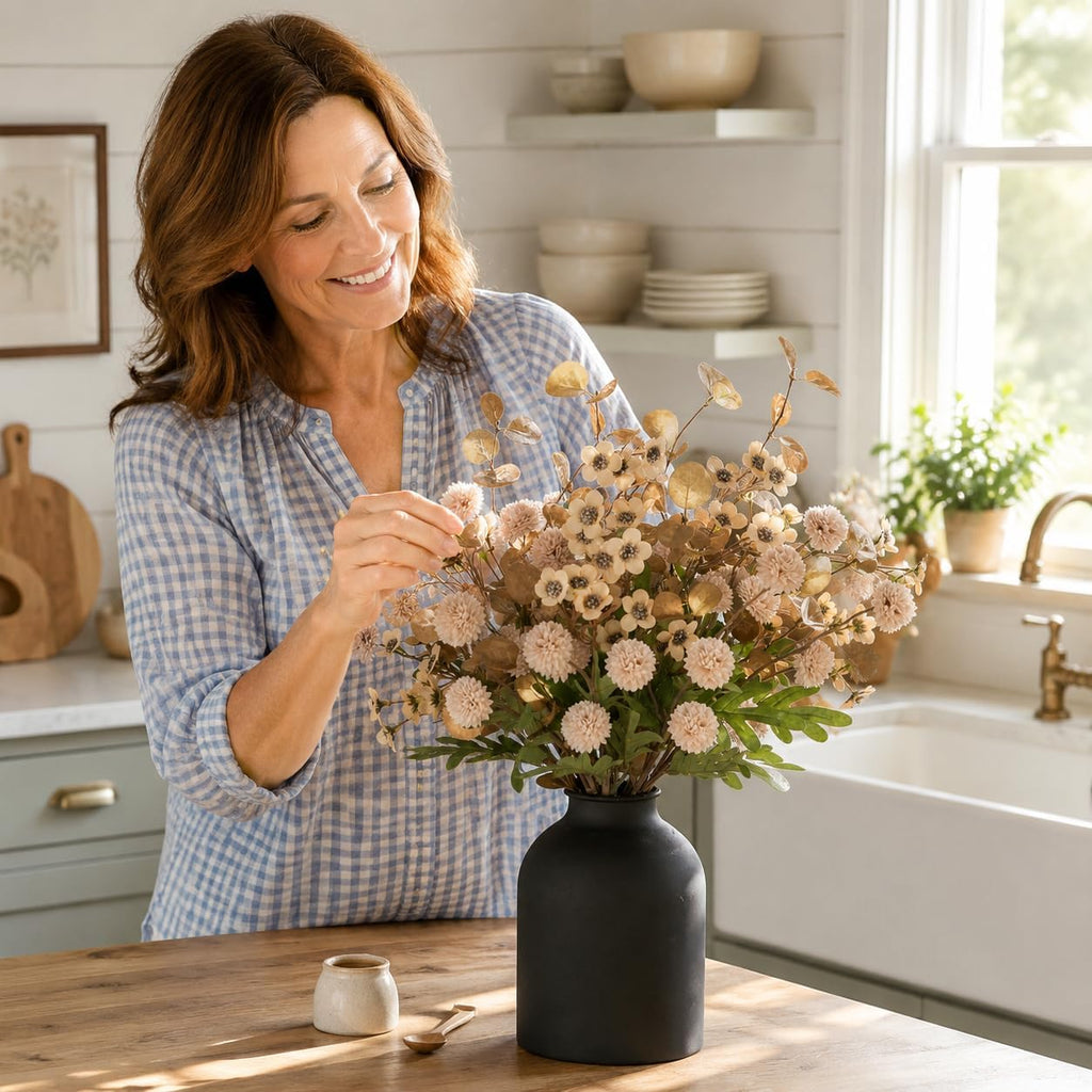 Beige Faux Flowers in Vase for Dining Table Centerpiece Decor | With Metal Vase 12 Stems of Fake Mums, Wax