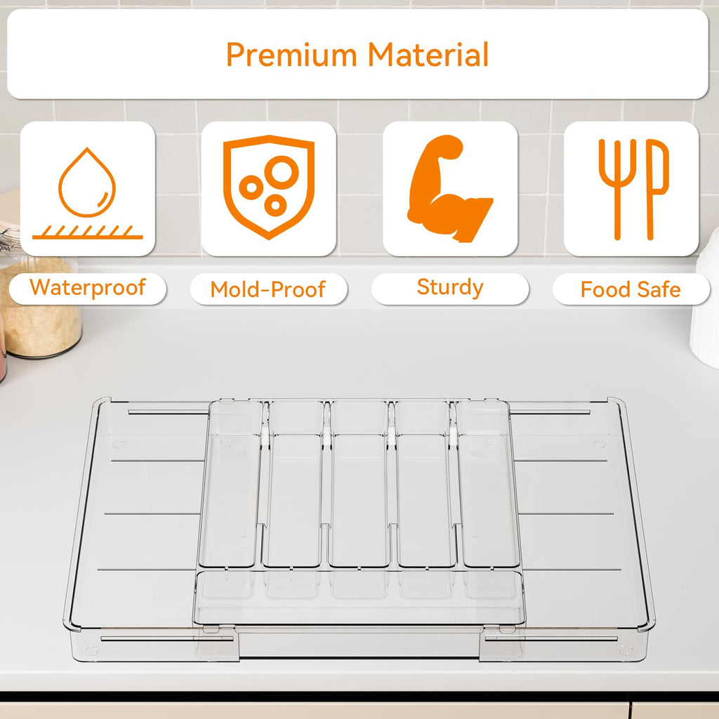 Large Clear Expandable Silverware Drawer Organizer,BPA FREE Adjustable Utensil Drawer Organizer and Silverware