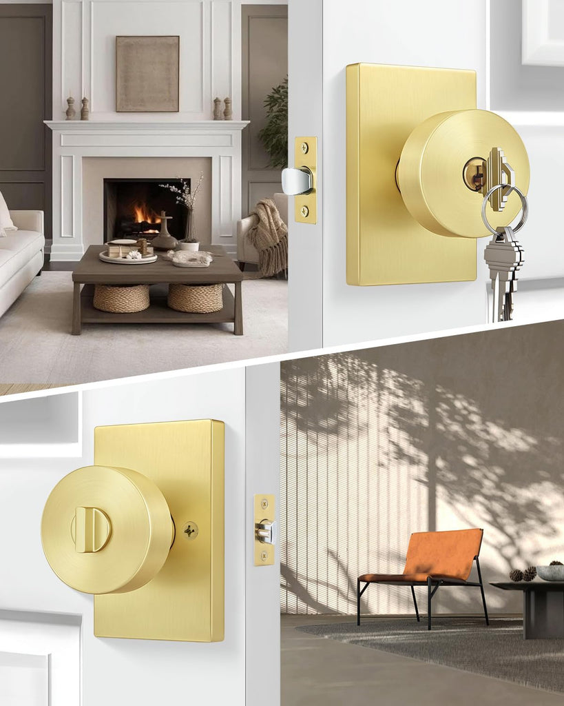 Brushed Gold Exterior Door Knob with Lock and Key 1 Pack