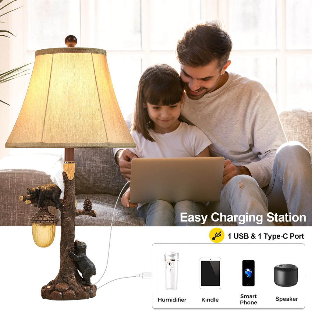26" Rustic Western Bear Table Lamp with Nightlight Set of 2