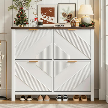 Shoe Cabinet with 4 Flip Drawers & Symmetric Groove Pattern | 44.5''W x 9.2''D x 39.4'' White Fit for 16-24 Pairs of